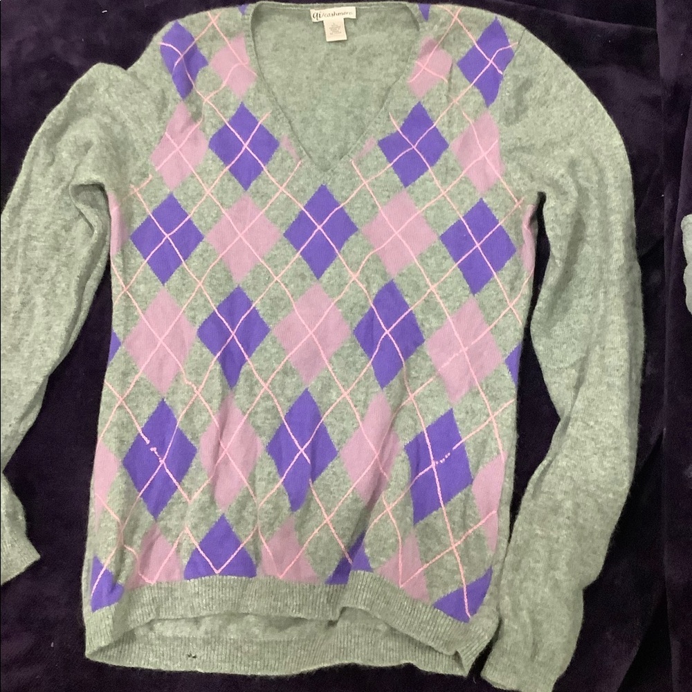 Argyle Print Long Sleeve Cashmere Sweater